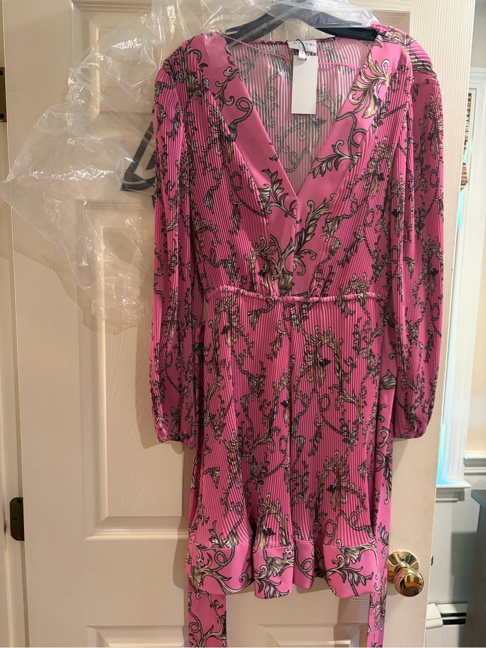 Milly Pink Printed V-Neck Long-Sleeve Tie Dress